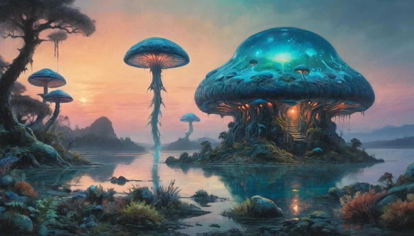 An alien fungoid world with bio luminescent structures, twilight, watercolo9r landscape