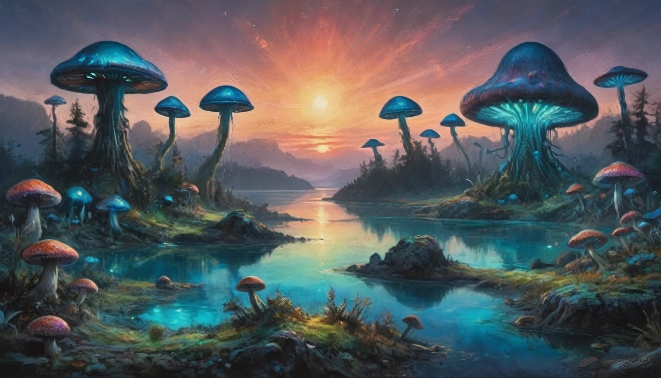 An alien fungoid world with bio luminescent structures, twilight, watercolo9r landscape