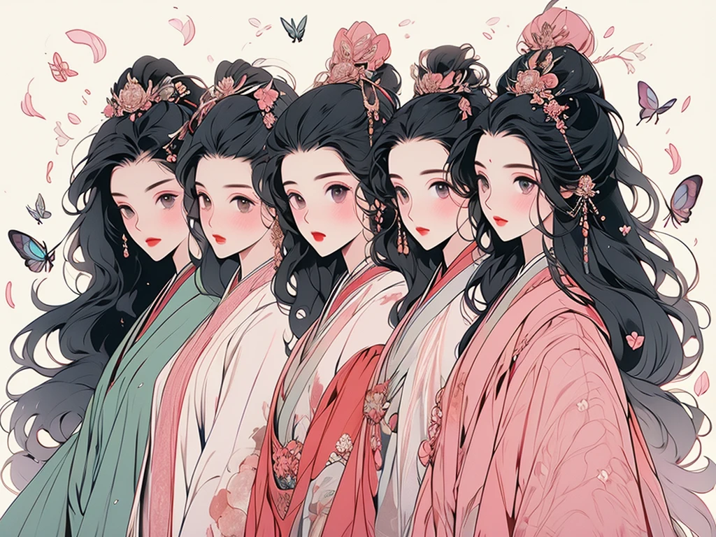 juunihitoe，(masterpiece, highest quality, highest quality，aesthetics:1.2)，From the side，Esbian all over，1300 years ago，Japan_Heian period，noble，(１Beautiful Princess　Beautiful Skin　Straight Hair　Long beautiful black hair　wealthy:1.4)，Beautiful round eyes，(kimono　Gentle pink hue　The beauty of layered colors)，Silk luster，Layered collar，Wide sleeves，Long hakama hem，dream-like，Elegant，highest quality，Beautiful graphics, Ultra Detail，butterfly，Fresh，The background is minimal，Image of a transparent robe，melt，Beyond eternity