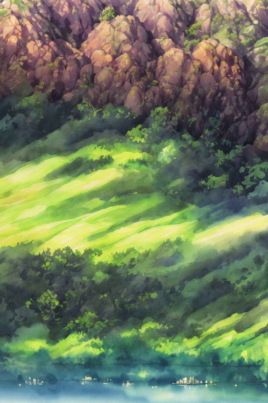 detailed watercolor landscape, pastel colors, lush greenery, rolling hills, vibrant flowers, serene lake, wispy clouds, warm sunlight, ethereal atmosphere, soft brushstrokes, dreamlike quality, masterpiece, 8k, high resolution, photorealistic