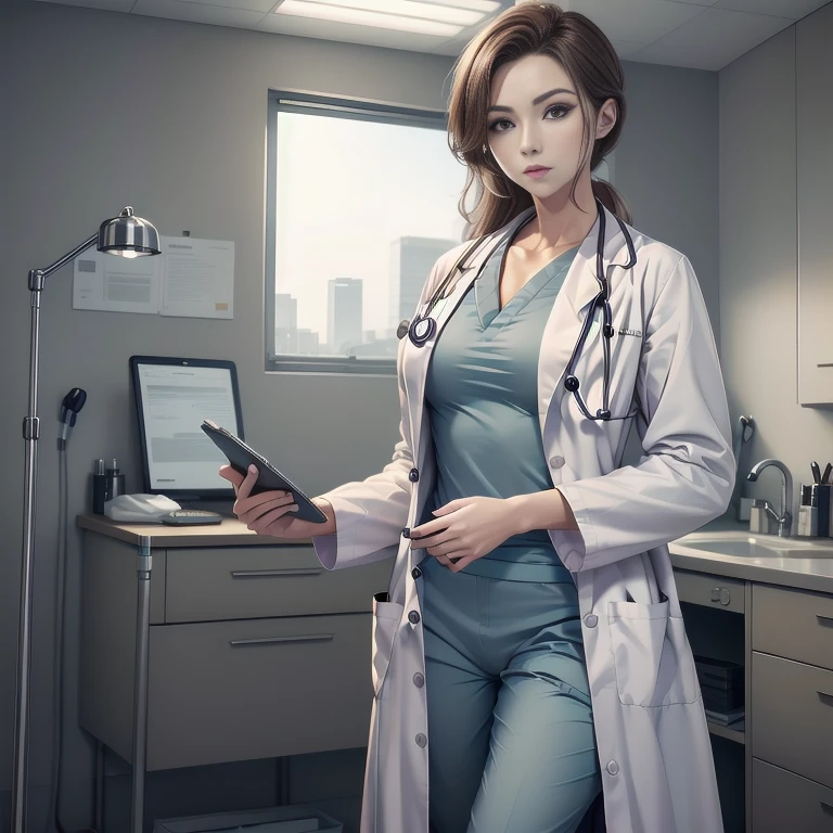 Marla Sucharetza, Sexy doctor, Curly auburn hair, Blue eyes, Standing, ((doctors office)), sharp outline, a natural female, 35 year old, Best Quality, masterpiece, doctor_uniform, labcoat, scrub top, tight scrubs, scrub trousersdoctor_uniform, 