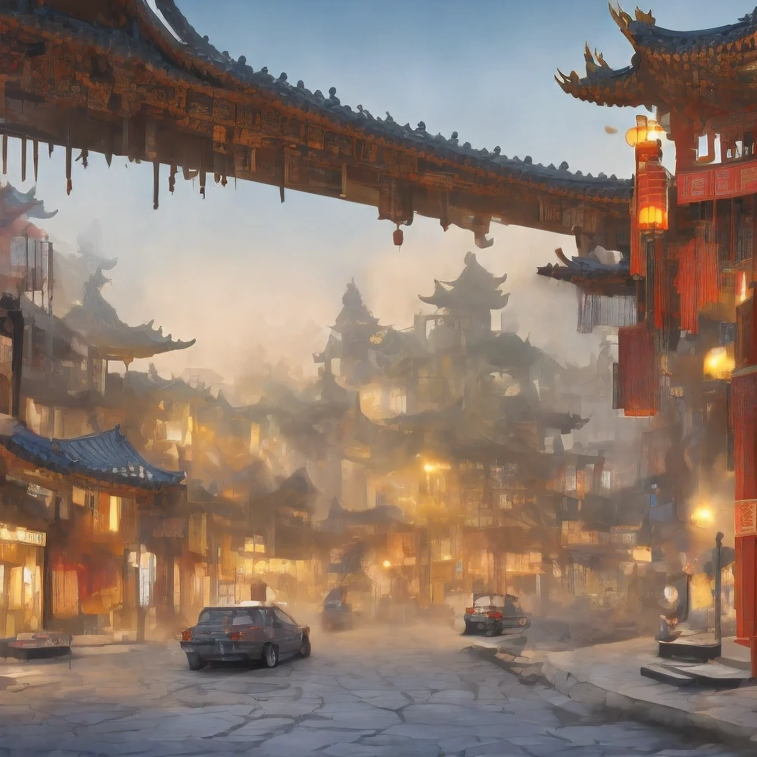 （（（watercolor））））landscape，buildings in a city with a pagoda in the middle of the city, cyberpunk chinese ancient castle, watercolor，stylized urban fantasy artwork, dreamy chinese town, concept art ， highly rendered, game art matte painting, matte painting 4k 8k, cinematic. by leng jun, in a tropical and dystopic city, 8k matte painting, 8 k matte painting，（（（watercolor）））