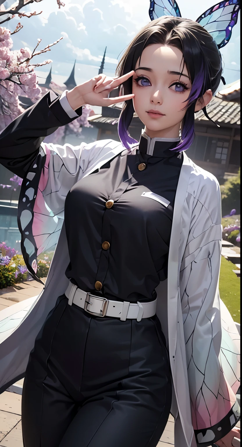 Ultra-realistic 8K CG,masterpiece,((Highly detailed background, Delicate pattern, Intricate details)),highest quality,very detailed face,Very beautiful eyes and face,Very beautiful eyes,Kocho Shinobu,Colorful Hair,No bangs,Hair intake,Purple eyes,amount,Black Shirt,Black trousers,Haori,butterfly,button,belt,(garden:1.2),Purple Flower,a bit,cloudy null,sunlight,Tyndall effect,slope_null,face,Gorgeous null,West Saber,Attractive posture,