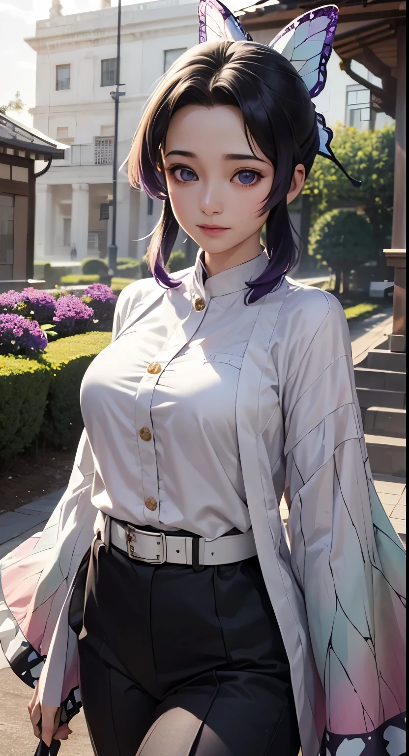 Ultra-realistic 8K CG,masterpiece,((Highly detailed background, Delicate pattern, Intricate details)),highest quality,very detailed face,Very beautiful eyes and face,Very beautiful eyes,Kocho Shinobu,Colorful Hair,No bangs,Hair intake,Purple eyes,amount,Black Shirt,Black trousers,Haori,butterfly,button,belt,(garden:1.2),Purple Flower,a bit,cloudy null,sunlight,Tyndall effect,slope_null,face,Gorgeous null,West Saber,Attractive posture,