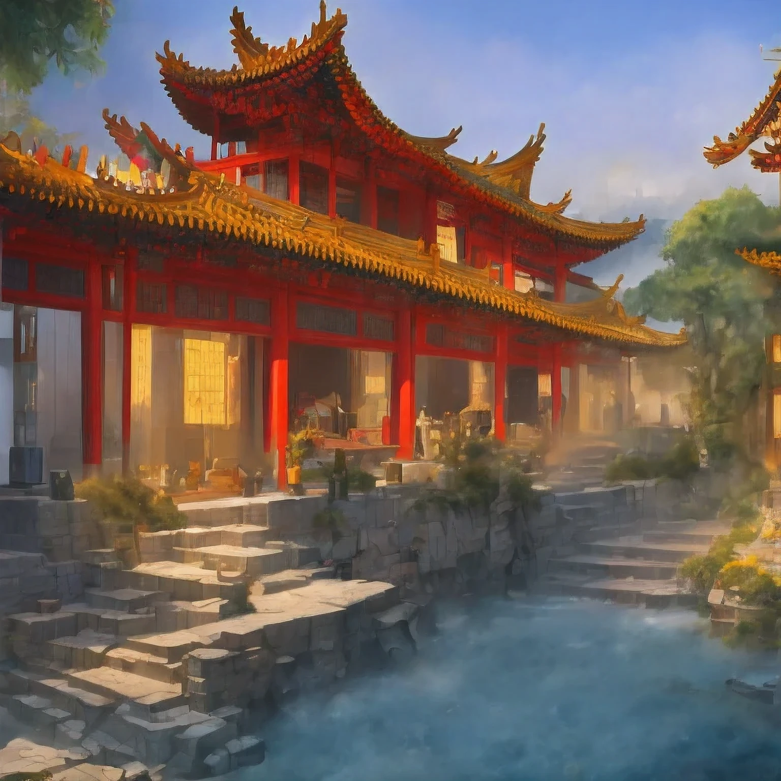 （（（watercolor））））landscape，buildings in a city with a pagoda in the middle of the city, cyberpunk chinese ancient castle, watercolor，stylized urban fantasy artwork, dreamy chinese town, concept art ， highly rendered, game art matte painting, matte painting 4k 8k, cinematic. by leng jun, in a tropical and dystopic city, 8k matte painting, 8 k matte painting，（（（watercolor）））