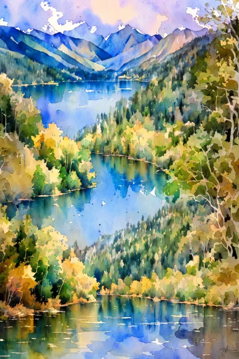 a serene watercolor landscape painting, beautiful detailed scenery with lush greenery, rolling hills, winding river, reflection ...