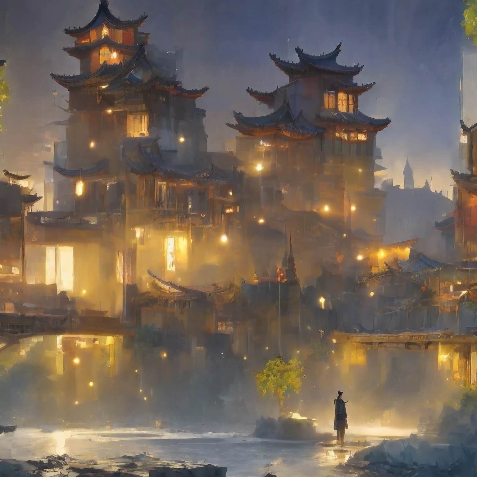 （（（acuarela））））paisaje，edificios en una ciudad con una pagoda en el medio de la ciudad, Castillo antiguo chino Cyberpunk, acuarela，obra de arte estilizada de fantasía urbana, ciudad china de ensueño, Arte conceptual ， altamente renderizado, pintura mate del arte del juego, pintura mate 4k 8k, cinematográfico. by leng jun, en una ciudad tropical y distópica, pintura mate 8k, pintura mate 8k，（（（acuarela）））