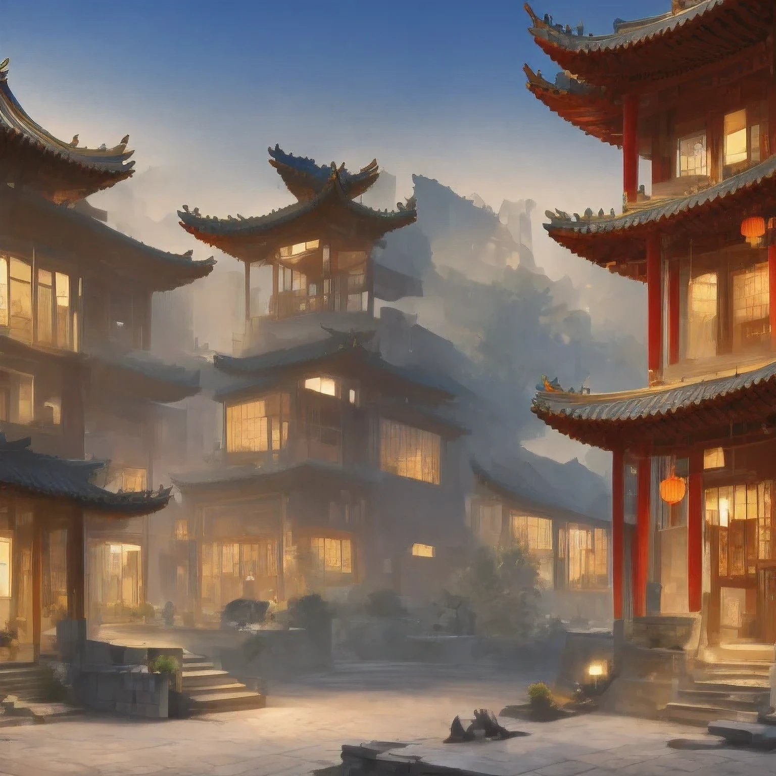 （（（acuarela））））paisaje，edificios en una ciudad con una pagoda en el medio de la ciudad, Castillo antiguo chino Cyberpunk, acuarela，obra de arte estilizada de fantasía urbana, ciudad china de ensueño, Arte conceptual ， altamente renderizado, pintura mate del arte del juego, pintura mate 4k 8k, cinematográfico. by leng jun, en una ciudad tropical y distópica, pintura mate 8k, pintura mate 8k，（（（acuarela）））