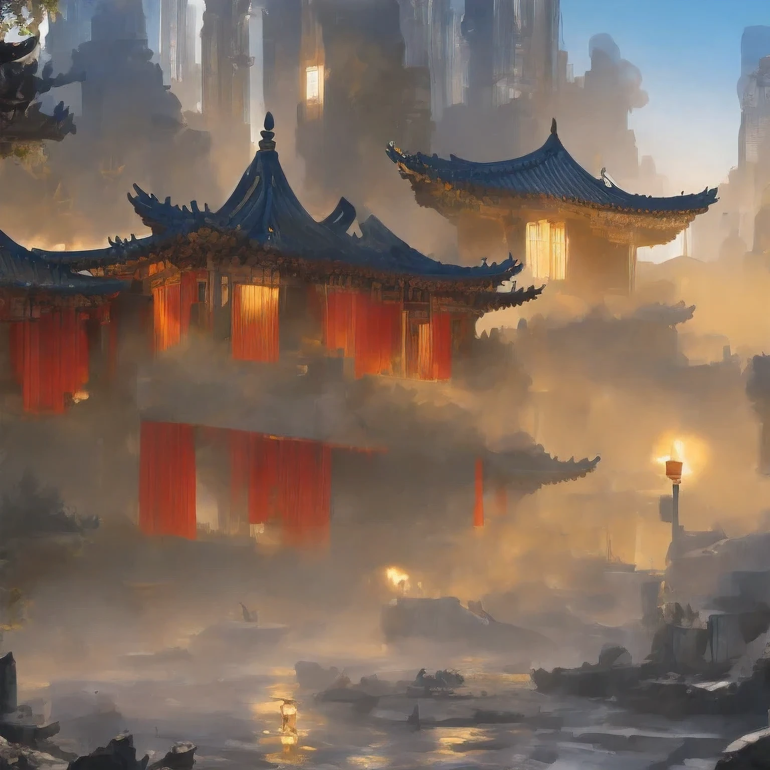 （（（acuarela））））paisaje，edificios en una ciudad con una pagoda en el medio de la ciudad, Castillo antiguo chino Cyberpunk, acuarela，obra de arte estilizada de fantasía urbana, ciudad china de ensueño, Arte conceptual ， altamente renderizado, pintura mate del arte del juego, pintura mate 4k 8k, cinematográfico. by leng jun, en una ciudad tropical y distópica, pintura mate 8k, pintura mate 8k，（（（acuarela）））