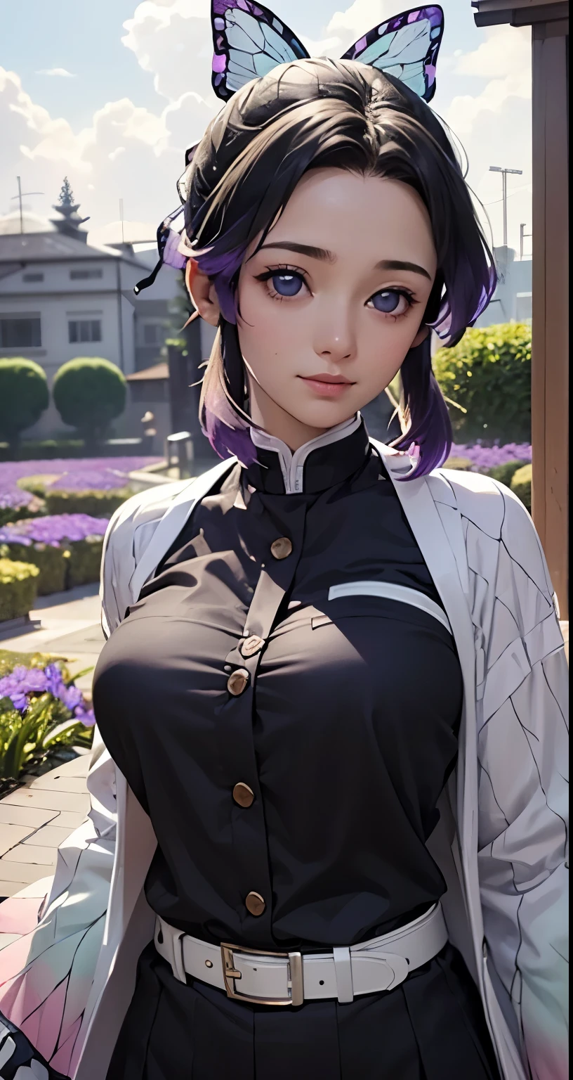 Ultra-realistic 8K CG,masterpiece,((Highly detailed background, Delicate pattern, Intricate details)),highest quality,very detailed face,Very beautiful eyes and face,Very beautiful eyes,Kocho Shinobu,Colorful Hair,No bangs,Hair intake,Purple eyes,amount,Black Shirt,Black trousers,Haori,butterfly,button,belt,(garden:1.2),Purple Flower,a bit,cloudy null,sunlight,Tyndall effect,slope_null,face,Gorgeous null,West Saber,Attractive posture,