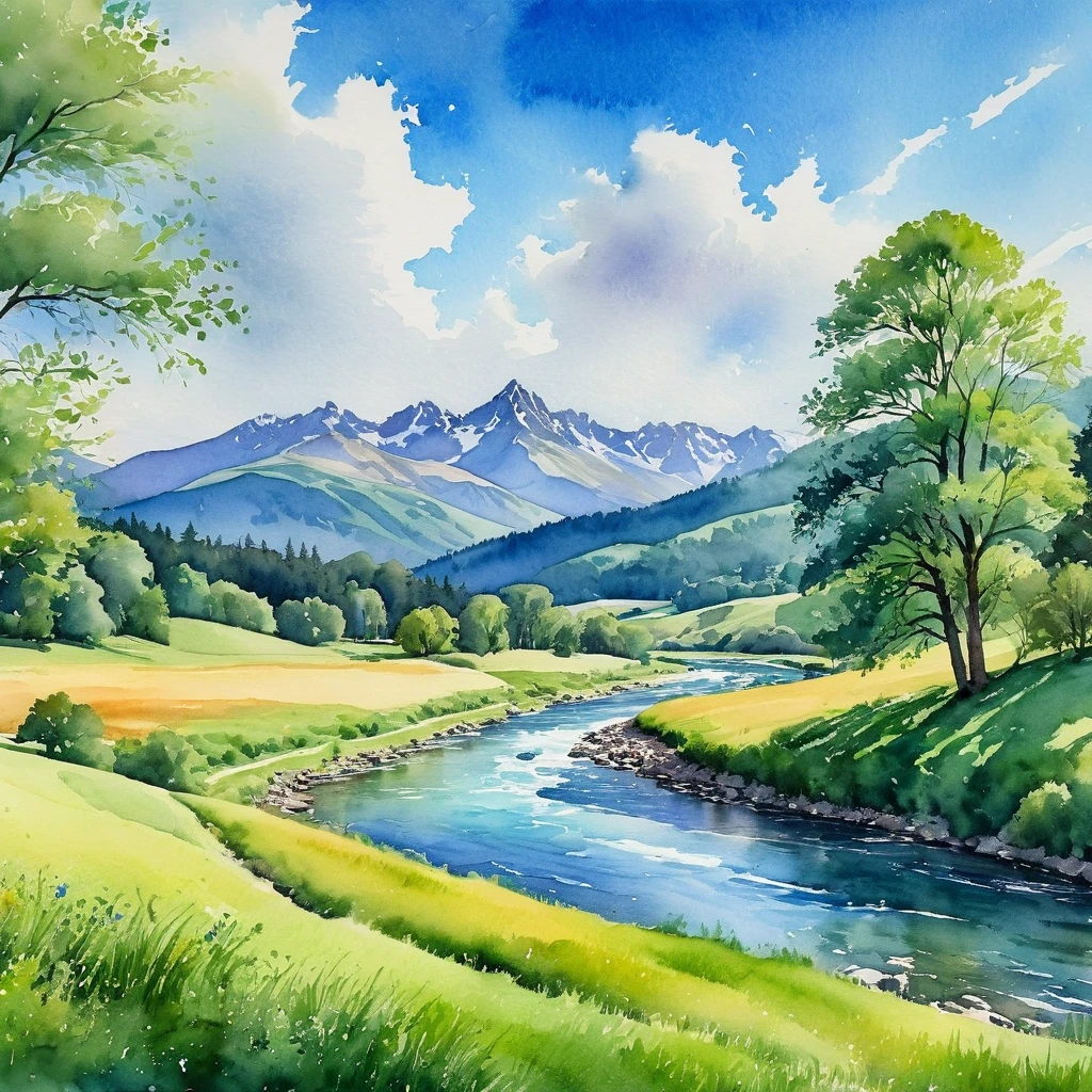 un paysage aquarelle serein, collines, prairies verdoyantes, une rivière qui coule, montagnes majestueuses au loin, des nuages vaporeux dans un ciel bleu vif, la lumière du soleil filtre à travers les arbres, couleurs vives, coups de pinceau doux, Ambiance tranquille, beau paysage naturel, très détaillé, Photoréaliste, 8k, chef-d&#39;œuvre