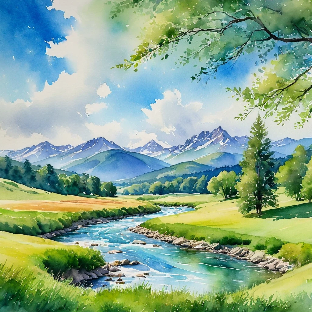 eine ruhige Aquarelllandschaft, Hügellandschaft, saftig grüne Wiesen, ein fließender Fluss, majestätische Berge in der Ferne, dünne Wolken in einem strahlend blauen Himmel, Sonnenlicht fällt durch die Bäume, leuchtende Farben, Weiche Pinselstriche, ruhige Atmosphäre, Wunderschöne Naturlandschaft, sehr detailliert, fotorealistisch, 8k, Meisterwerk