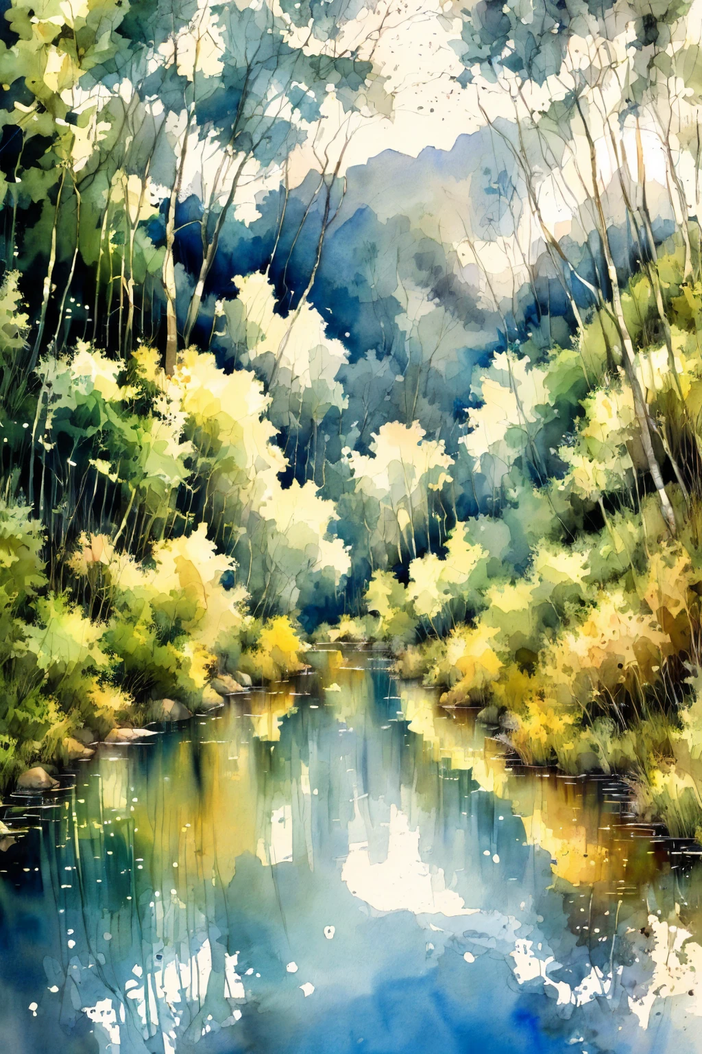 detailed watercolor landscape, pastel colors, lush greenery, rolling hills, vibrant flowers, serene lake, wispy clouds, warm sunlight, ethereal atmosphere, soft brushstrokes, dreamlike quality, masterpiece, 8k, high resolution, photorealistic