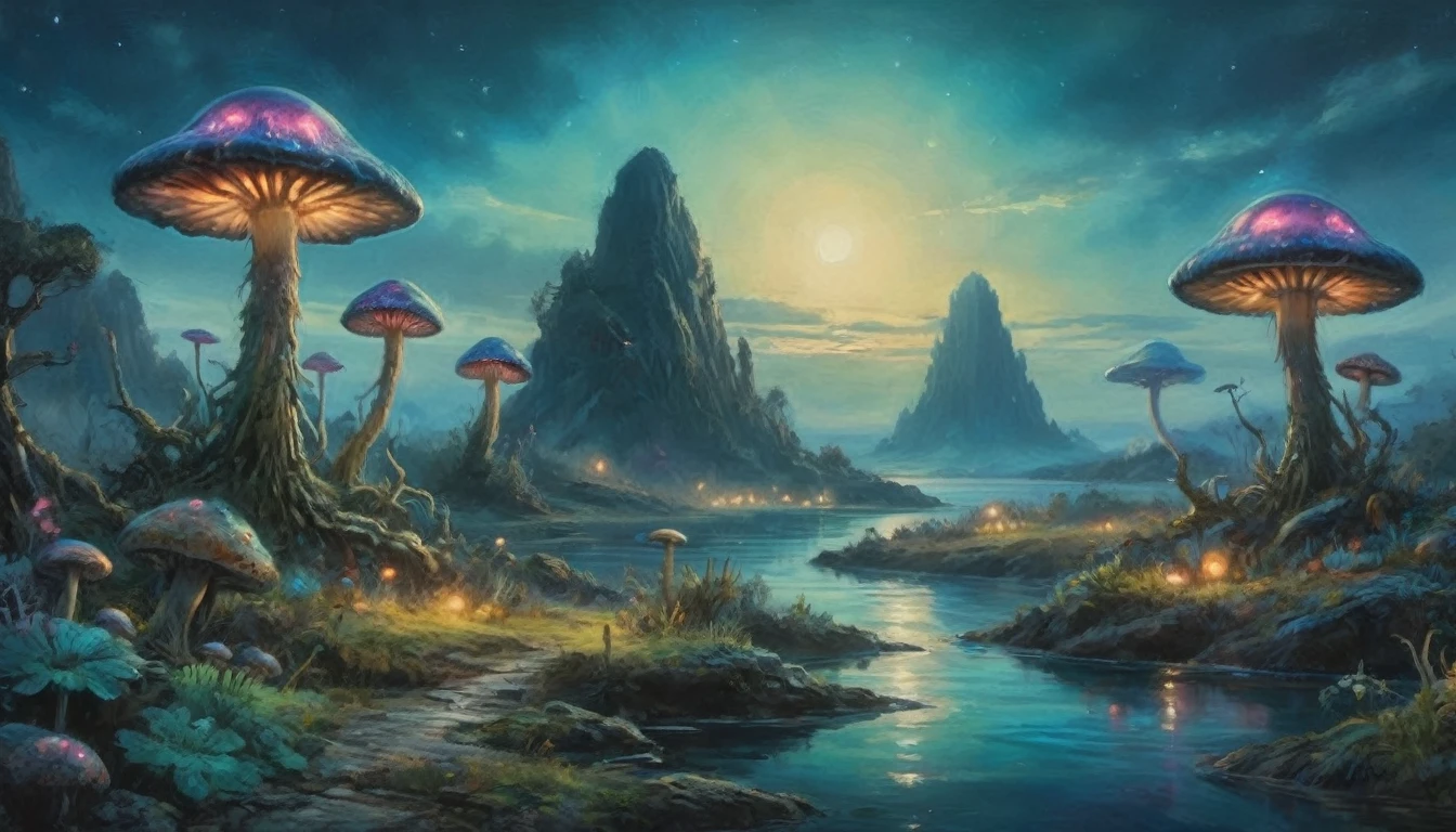 An alien fungoid world with bio luminescent structures, twilight, watercolo9r landscape