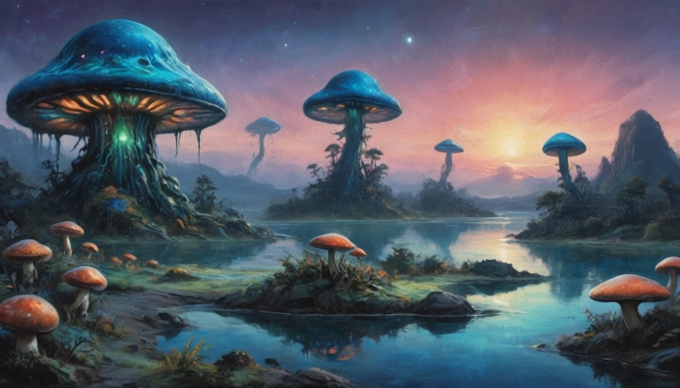 An alien fungoid world with bio luminescent structures, twilight, watercolo9r landscape