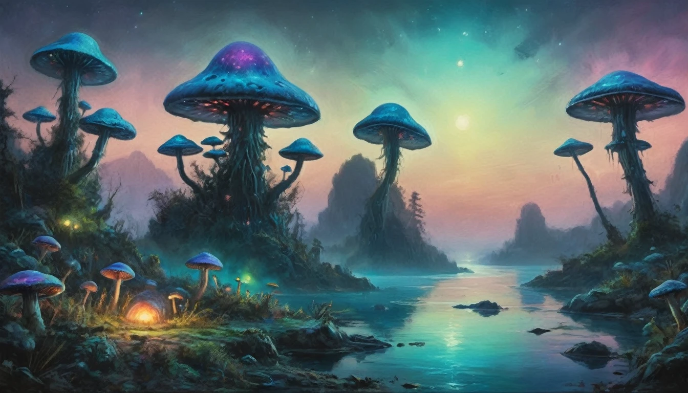 An alien fungoid world with bio luminescent structures, twilight, watercolo9r landscape