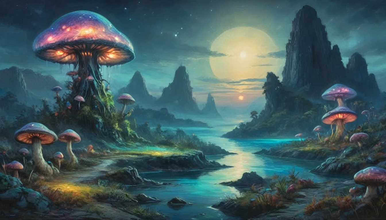 An alien fungoid world with bio luminescent structures, twilight, watercolo9r landscape