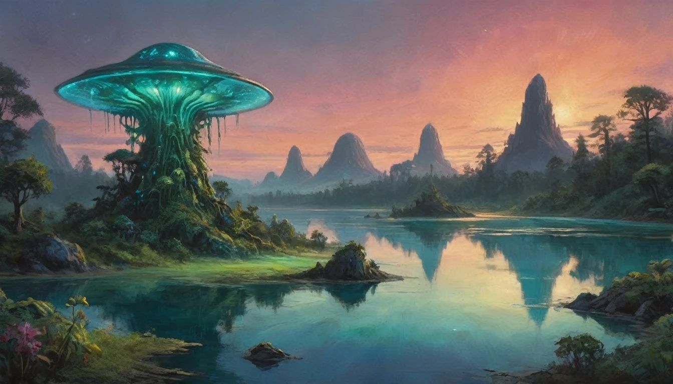 An alien fungoid world with bio luminescent structures, twilight, watercolo9r landscape