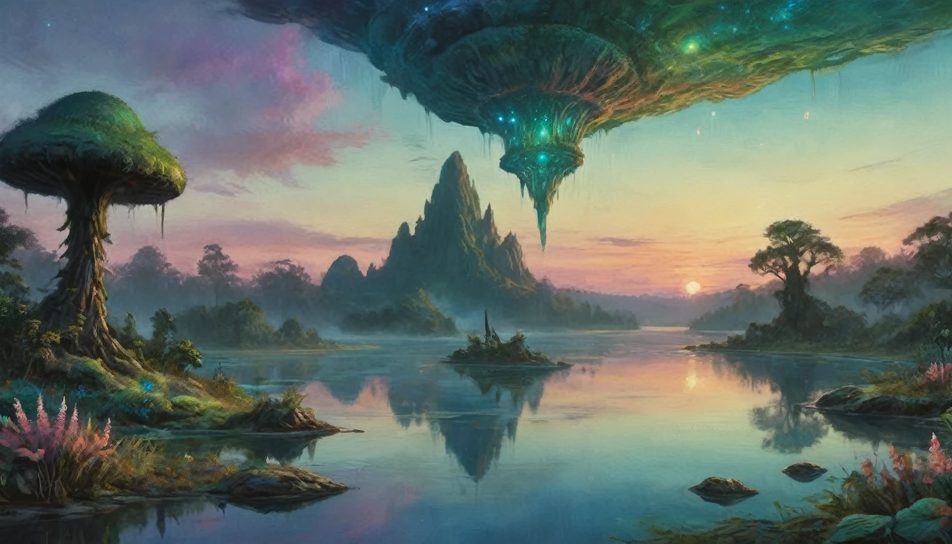 An alien fungoid world with bio luminescent structures, twilight, watercolo9r landscape