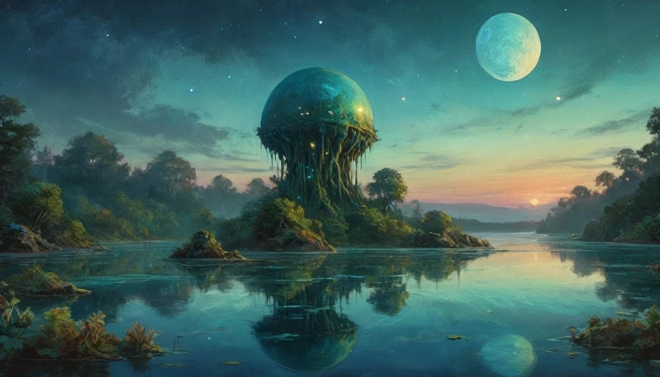 A vast alien fungoid world, bioluminescent structures, twilight, watercolor landscape, (best quality,4k,8k,highres,masterpiece:1.2),ultra-detailed,(realistic,photorealistic,photo-realistic:1.37),dramatic lighting,ethereal atmosphere,lush flora,vibrant colors,alien foliage,floating islands,tranquil lakes,reflections,fantasy art,cinematic composition,muted tones,dreamlike,mystical