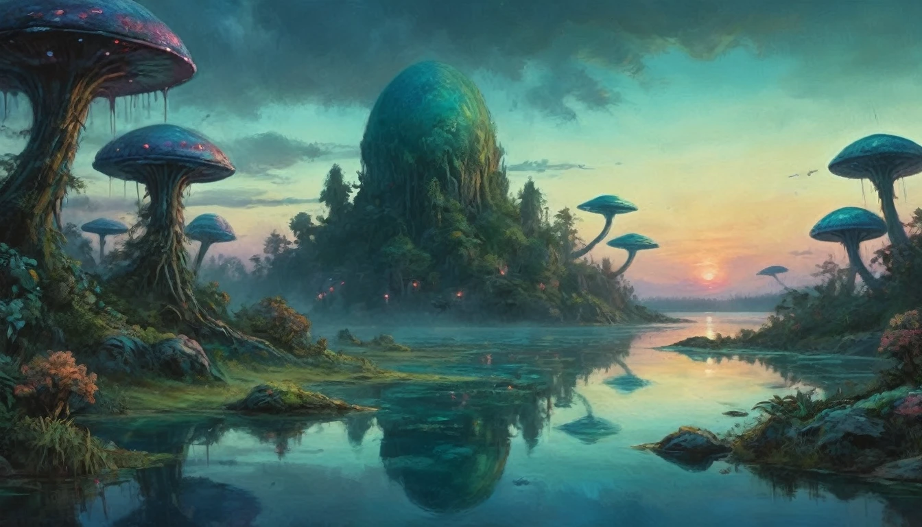 A vast alien fungoid world, bioluminescent structures, twilight, watercolor landscape, (best quality,4k,8k,highres,masterpiece:1.2),ultra-detailed,(realistic,photorealistic,photo-realistic:1.37),dramatic lighting,ethereal atmosphere,lush flora,vibrant colors,alien foliage,floating islands,tranquil lakes,reflections,fantasy art,cinematic composition,muted tones,dreamlike,mystical