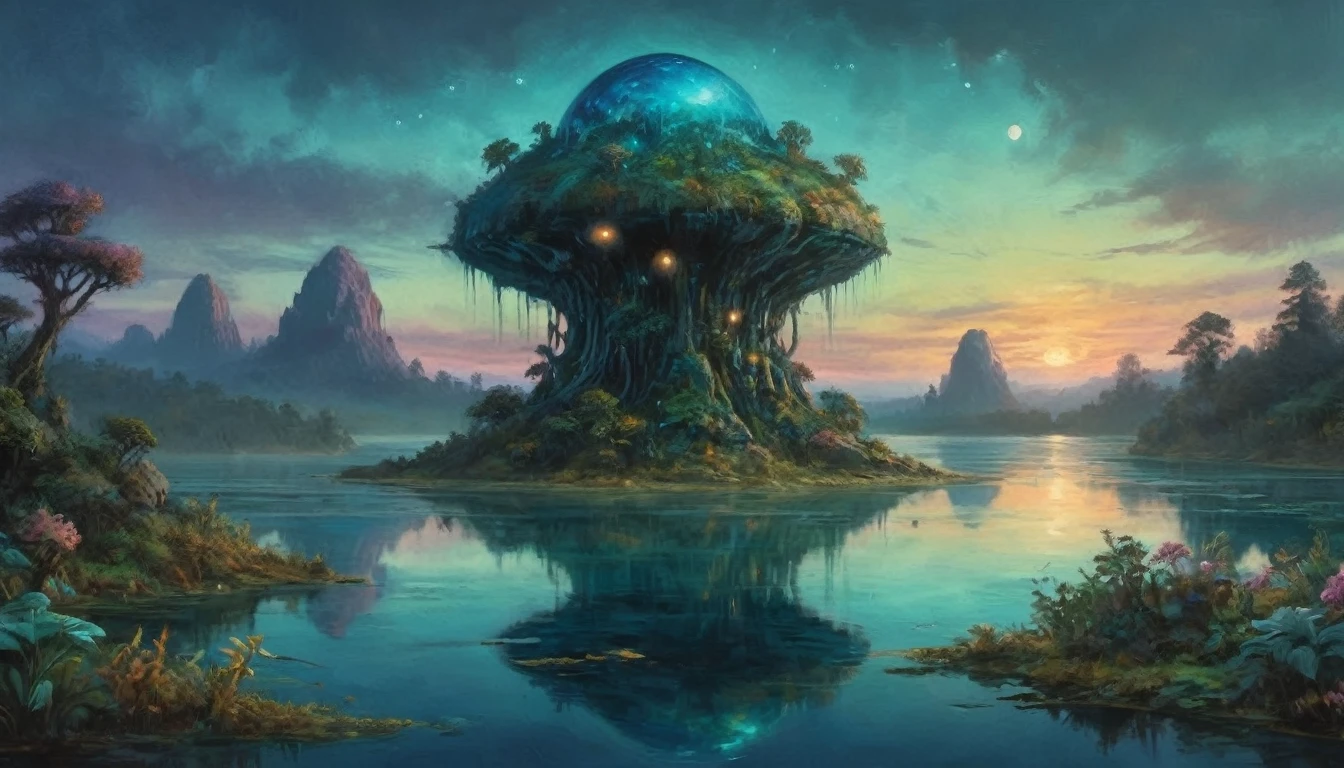 A vast alien fungoid world, bioluminescent structures, twilight, watercolor landscape, (best quality,4k,8k,highres,masterpiece:1.2),ultra-detailed,(realistic,photorealistic,photo-realistic:1.37),dramatic lighting,ethereal atmosphere,lush flora,vibrant colors,alien foliage,floating islands,tranquil lakes,reflections,fantasy art,cinematic composition,muted tones,dreamlike,mystical