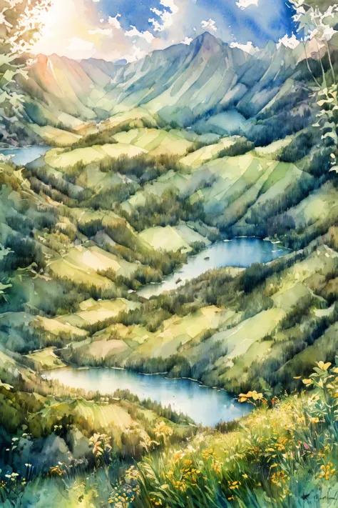 detailed watercolor landscape, pastel colors, lush greenery, rolling hills, vibrant flowers, serene lake, wispy clouds, warm sun...