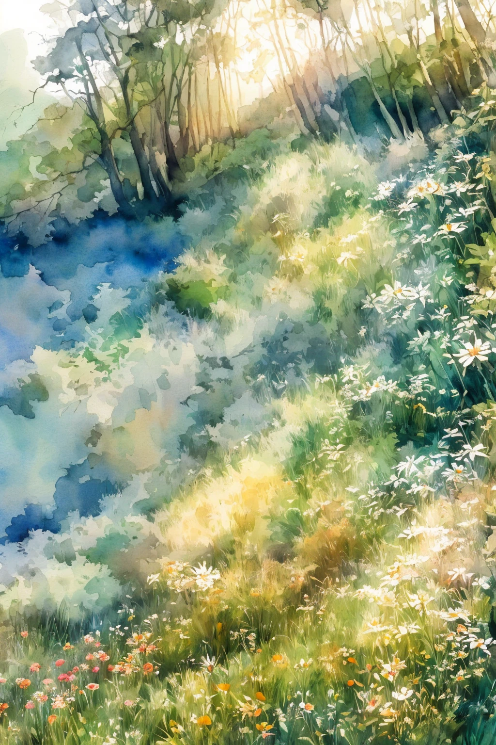 detailed watercolor landscape, pastel colors, lush greenery, rolling hills, vibrant flowers, serene lake, wispy clouds, warm sunlight, ethereal atmosphere, soft brushstrokes, dreamlike quality, masterpiece, 8k, high resolution, photorealistic