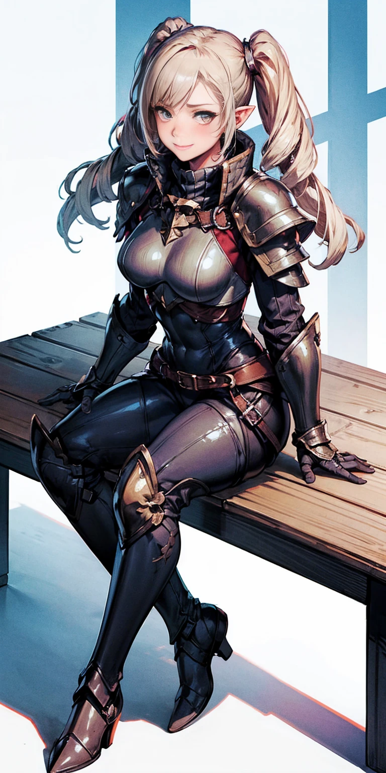 full body sitting on a bench showing ass to me, BLUE breastplate, BLUE skin (1girl)(BLUE skin:1.2) looking at viewer, shiny, armor, thigh highs, high boots, pauldrons shoulder armor, faulds, poleyn, gloves, gauntlets, rerebrace armored boots, (masterpiece, best quality, ultra-detailed, best shadow) yordle pointy ears muscular lean platinum blonde long twin-tails hairstyle at the office lustful smirking smile face red blushed, blush, strong abs, female body builder, tiara, twin drills hair