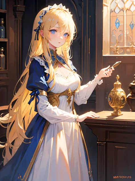 1girl, blonde hair, long hair, Blue eyes, (detailed face), (dress), medieval, (medieval room bakcground), masterpiece, (serius e...