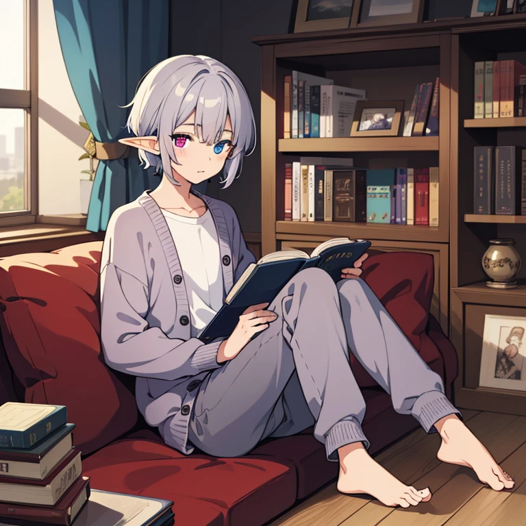 a cool young elf boy, heterochromia iridis with blue and purple irises, bright silver medium hair, wearing slacks, white shirt, cardigan over shoulders, barefoot, surrounded by books, sitting on sofa, lazy