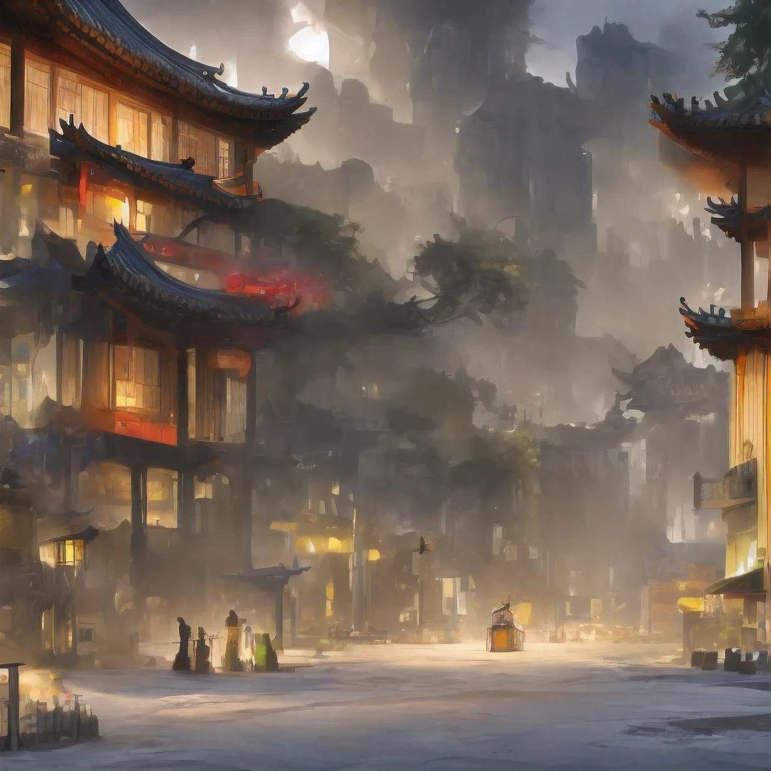 （（（acuarela））））paisaje，edificios en una ciudad con una pagoda en el medio de la ciudad, Castillo antiguo chino Cyberpunk, acuarela，obra de arte estilizada de fantasía urbana, ciudad china de ensueño, Arte conceptual ， altamente renderizado, pintura mate del arte del juego, pintura mate 4k 8k, cinematográfico. by leng jun, en una ciudad tropical y distópica, pintura mate 8k, pintura mate 8k，（（（acuarela）））