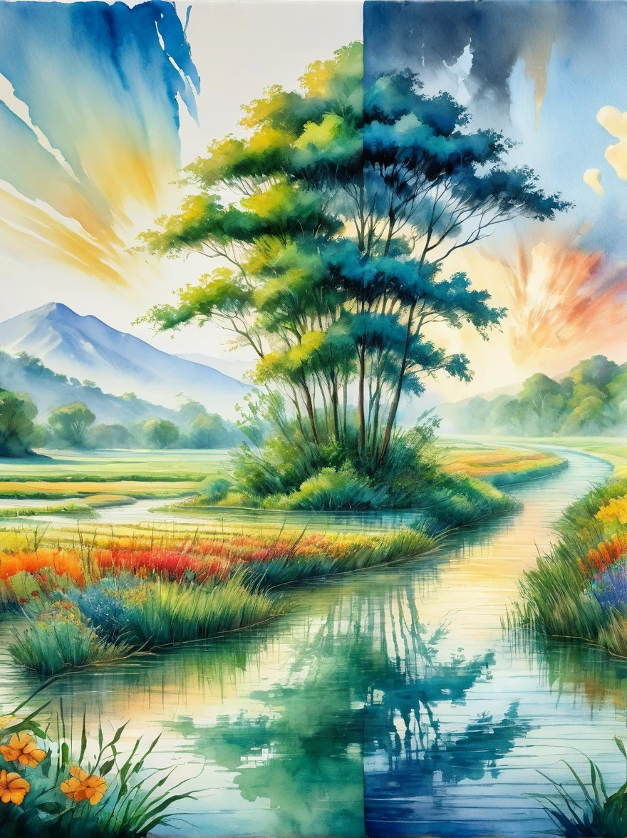 1hbgd1, A scene depicting environmental challenges with a hint of Impressionism. The artwork captures a changing landscape, On one side, it shows a healthy, lush green forest with vibrant flora, sparkling rivers, and a clear, blue sky, On the other side, the scene shifts gradually to portray the devastating effects of pollution and climate change – barren trees, grey skies, and parched lands, Captured through the loose brushstrokes and juxtaposition of vivid and dull colors characteristic of the Impressionist movement, it depicts the interaction between humans and nature, (Watercolor style:1.5)