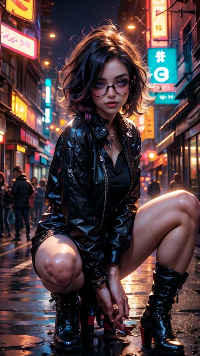 ((Imagina a una chica sexy, vulgar, cabello mediano morado y rosa con un peinado punk alocado, ojos sexys color rojo intenso, sonrisa sensual, de pie en un entorno urbano bajo las luces de neón de la ciudad. Lleva una chaqueta oversized de color negro, combinado con una blusa de raso pastel. muestra sus atributos femeninos y sexys. En sus pies, lleva unas botas negras punks de plataforma que reflejan las luces de la ciudad. En una mano, lleva un bolso de lona de moda. Sus gafas de sol de tinta roja tienen un diseño futurista que le da un toque cyberpunk a su look... Su postura y expresión reflejan su confianza y estilo de moda...，Plano amplio, cuerpo completo. sentada sosteniendo sus rodillas, (foto cruda, mejor calidad), (realista, photo-realista:1.3), Obra maestra, un extremadamente perfecto y hermoso cuerpo, cuerpo palido extremadamente detallado, Mejor puntaje de calidad, pose sentada fashionista ultra dinámica, de cerca, vista alta, ambiente de moda, pose de modelo sentado.