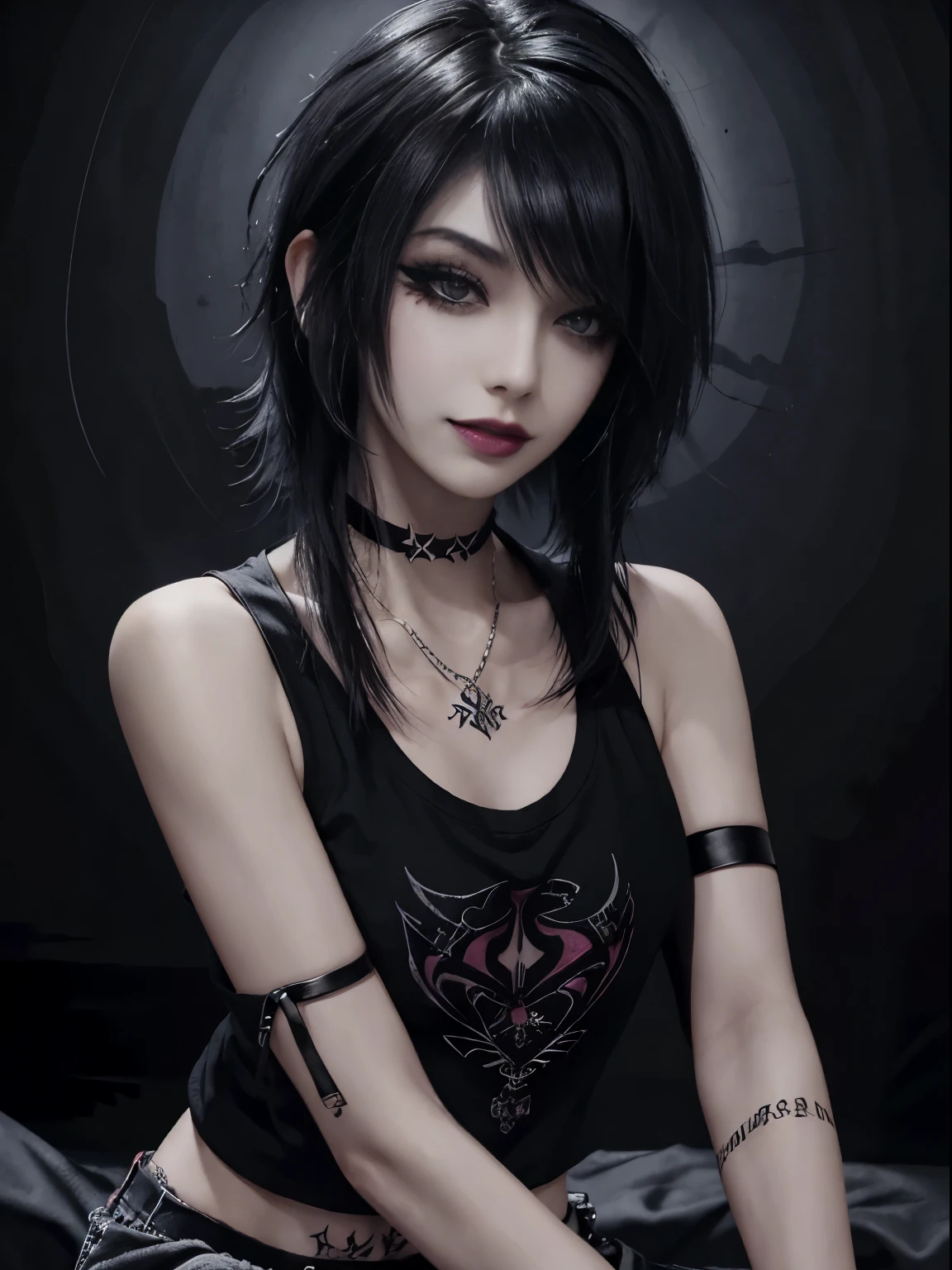 1girl, woman, emo_hairstyle, black lipstick, smug, grin, choker, cuffs, eyeliner, eye shadow, mascara, smoky eyes, realistic lighting, sleeveless shirt, short shorts, flat chest, satanic tattoo.