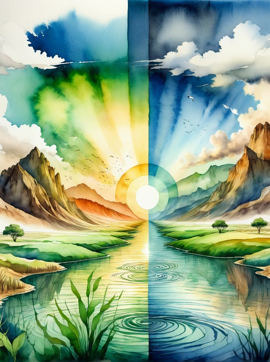 1hbgd1, An artistic representation of the concept of climate change, depicted through the medium of watercolor. The image showcases the stark contrast between a healthy, green environment on one side and a barren, desolate landscape on the other as a representation of the effects of climate change. This contrast manifests through changes in ecosystem and species, weather patterns, and ocean currents. The watercolor style emulates the fluid and changeable nature of the earth's climates and ecosystems, (Watercolor style:1.5)