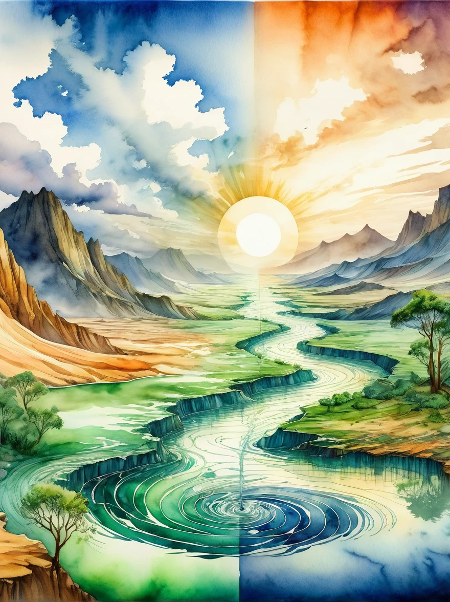 1hbgd1, 気候変動の概念を芸術的に表現したもの, 水彩画という媒体を通して描かれた. この画像は、健康な, 片側には緑豊かな環境、もう片側には不毛の, 一方で荒涼とした風景は気候変動の影響を表している. この対比は生態系と種の変化を通じて現れる, 気象パターン, そして海流. 水彩画のスタイルは、地球の気候と生態系の流動的で変化する性質を模倣しています。, (水彩画風:1.5)
