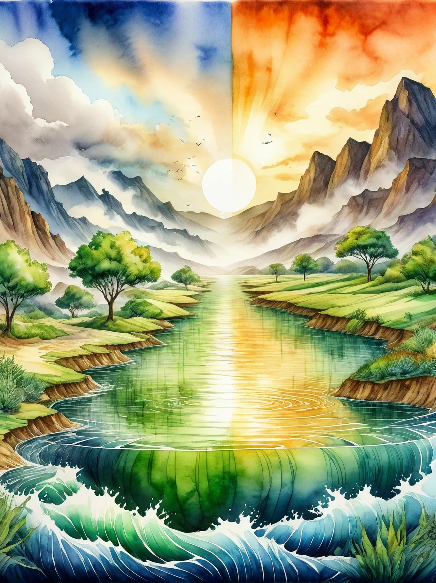 1hbgd1, An artistic representation of the concept of climate change, depicted through the medium of watercolor. The image showcases the stark contrast between a healthy, green environment on one side and a barren, desolate landscape on the other as a representation of the effects of climate change. This contrast manifests through changes in ecosystem and species, weather patterns, and ocean currents. The watercolor style emulates the fluid and changeable nature of the earth's climates and ecosystems, (Watercolor style:1.5)