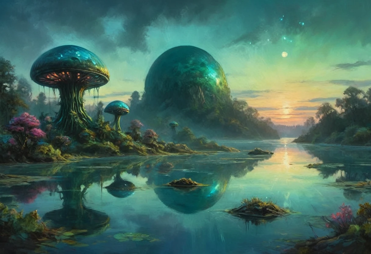 A vast alien fungoid world, bioluminescent structures, twilight, watercolor landscape, (best quality,4k,8k,highres,masterpiece:1.2),ultra-detailed,(realistic,photorealistic,photo-realistic:1.37),dramatic lighting,ethereal atmosphere,lush flora,vibrant colors,alien foliage,floating islands,tranquil lakes,reflections,fantasy art,cinematic composition,muted tones,dreamlike,mystical