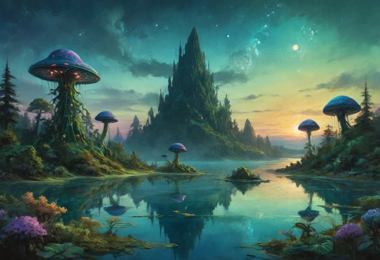 A vast alien fungoid world, bioluminescent structures, twilight, watercolor landscape, (best quality,4k,8k,highres,masterpiece:1.2),ultra-detailed,(realistic,photorealistic,photo-realistic:1.37),dramatic lighting,ethereal atmosphere,lush flora,vibrant colors,alien foliage,floating islands,tranquil lakes,reflections,fantasy art,cinematic composition,muted tones,dreamlike,mystical