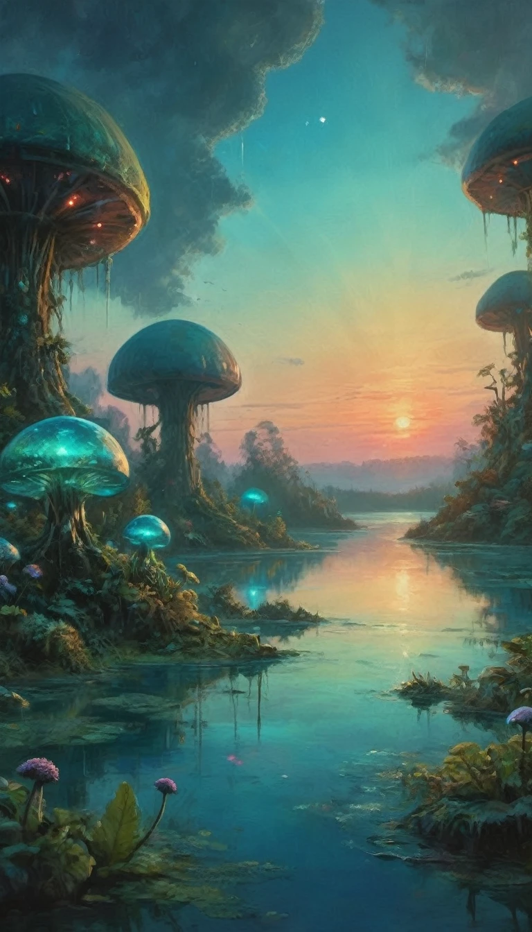 A vast alien fungoid world, bioluminescent structures, twilight, watercolor landscape, (best quality,4k,8k,highres,masterpiece:1.2),ultra-detailed,(realistic,photorealistic,photo-realistic:1.37),dramatic lighting,ethereal atmosphere,lush flora,vibrant colors,alien foliage,floating islands,tranquil lakes,reflections,fantasy art,cinematic composition,muted tones,dreamlike,mystical