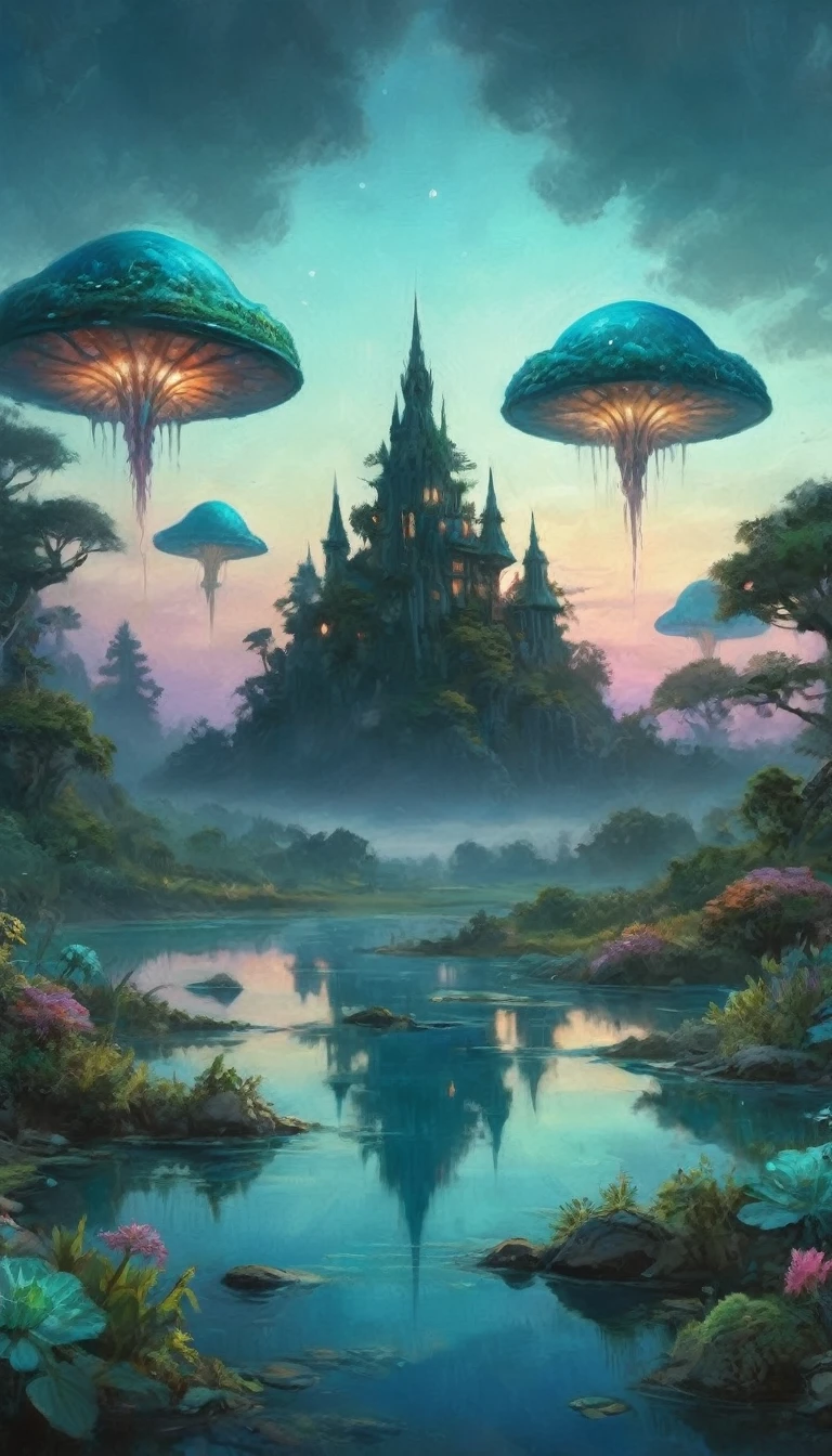 A vast alien fungoid world, bioluminescent structures, twilight, watercolor landscape, (best quality,4k,8k,highres,masterpiece:1.2),ultra-detailed,(realistic,photorealistic,photo-realistic:1.37),dramatic lighting,ethereal atmosphere,lush flora,vibrant colors,alien foliage,floating islands,tranquil lakes,reflections,fantasy art,cinematic composition,muted tones,dreamlike,mystical