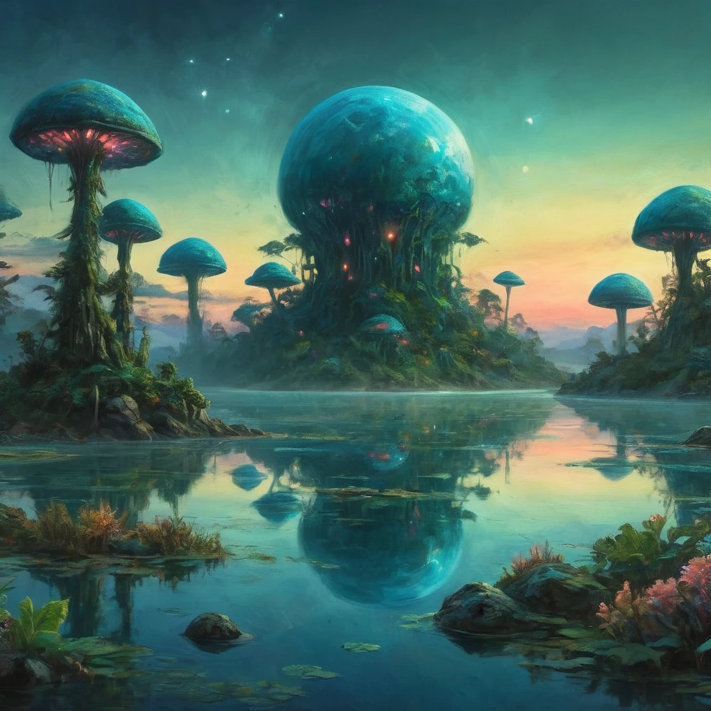 A vast alien fungoid world, bioluminescent structures, twilight, watercolor landscape, (best quality,4k,8k,highres,masterpiece:1.2),ultra-detailed,(realistic,photorealistic,photo-realistic:1.37),dramatic lighting,ethereal atmosphere,lush flora,vibrant colors,alien foliage,floating islands,tranquil lakes,reflections,fantasy art,cinematic composition,muted tones,dreamlike,mystical