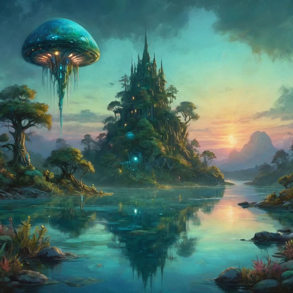 A vast alien fungoid world, bioluminescent structures, twilight, watercolor landscape, (best quality,4k,8k,highres,masterpiece:1.2),ultra-detailed,(realistic,photorealistic,photo-realistic:1.37),dramatic lighting,ethereal atmosphere,lush flora,vibrant colors,alien foliage,floating islands,tranquil lakes,reflections,fantasy art,cinematic composition,muted tones,dreamlike,mystical