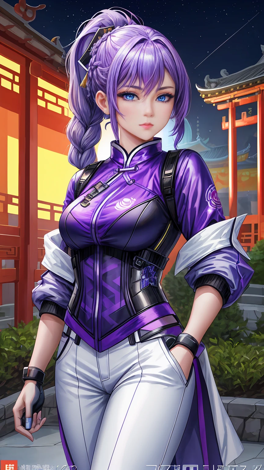 (athletic body:1.2) ,1girl, portrait, official art , wallapaper ,ART DIGITAL , HDR , 8K , vivid colours , (masterpiece:1.3) , blue eyes , adult teenager with long white purple hair with a ponytail braided hair:1.2, wearing a purple futuristic style outfit, with white evening gloves, white long pants and purple futuristic skirt, in the beautiful starry sky, with her , high quality , high details , at a Chinese festival in the garden of a beautiful traditional Chinese temple , beautiful detailed face , expressions ,style cyberpunk , high details , scam , look for viewer .