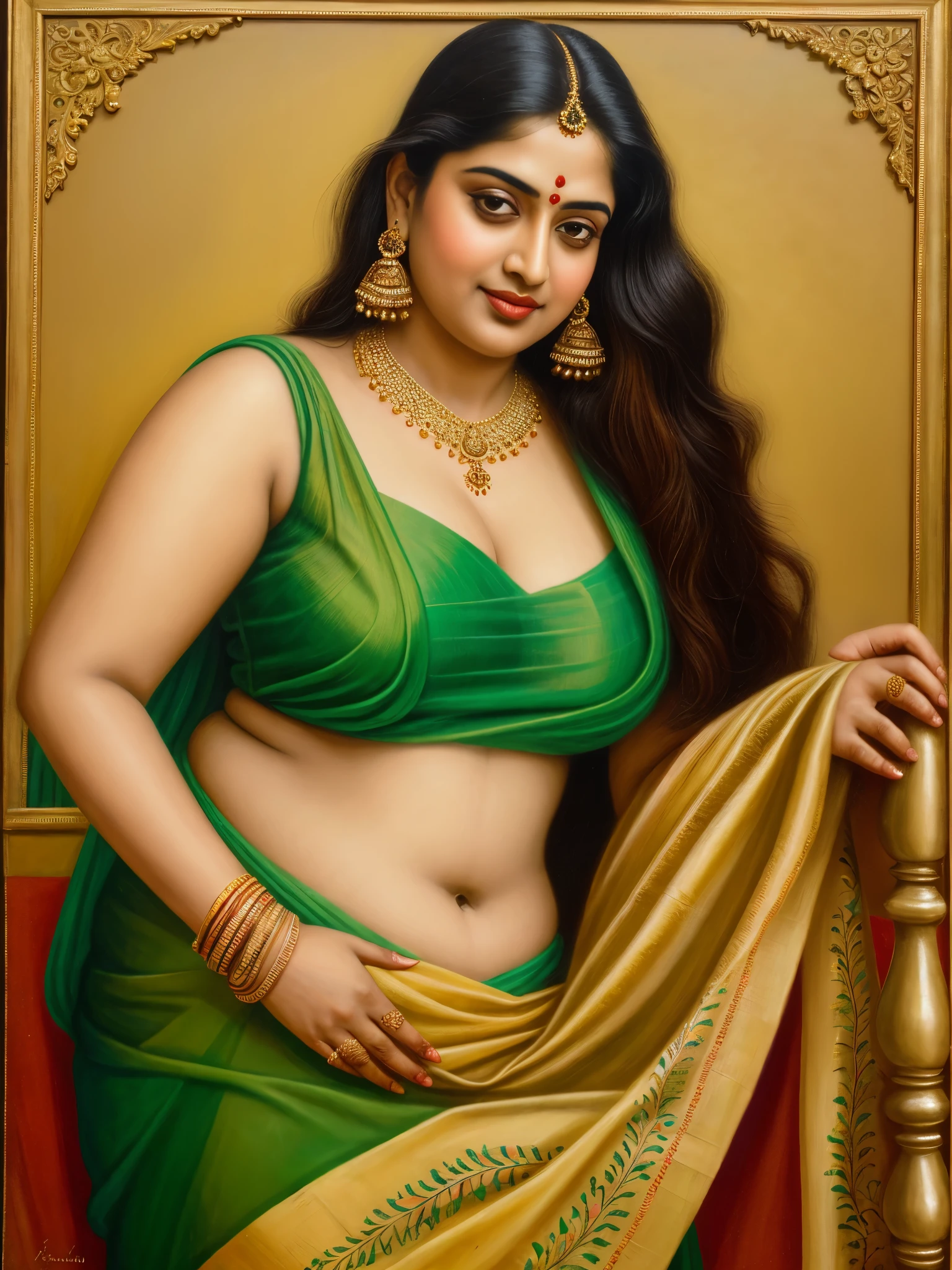 Schönes Gemälde einer Frau im Sari mit Halskette und Ohrringen, schöne dicke Figur, Dicke kurvige Schönheit, Sieht aus wie Sandeepa Dhar, inspired von Raja Ravi Varma, Szukalski ravi varma, Porträt einer schönen Göttin, von Raja Ravi Varma, Indische Göttin, traditionelle Schönheit, a stunning Porträt einer Göttin, inspiriert von T. K. Padmini, indische Kunst, Indische Göttin of wealth, Porträt einer Göttin