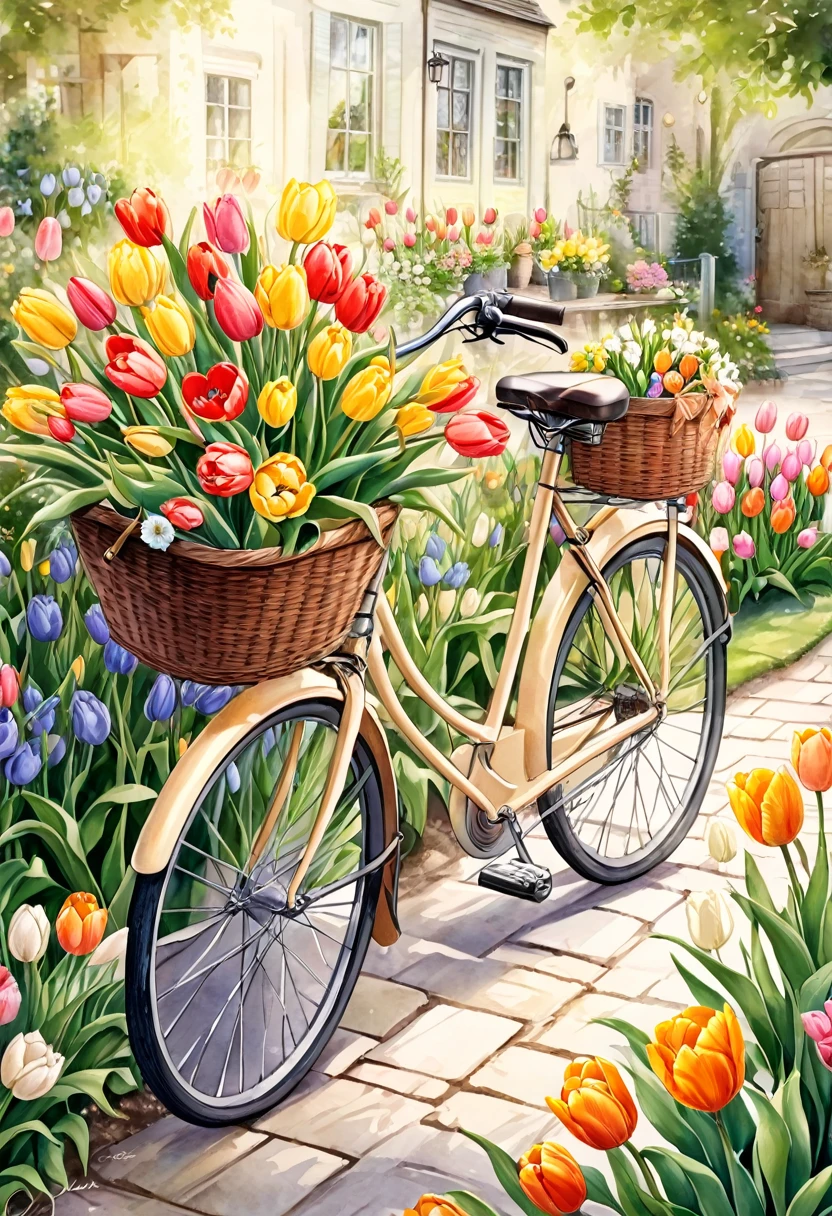      obra de arte, Beautiful detailed ultra high definition beautiful art with a beige bicicleta，A bicicleta with a basket of flowers in front of it. Pintado à mão com pincel e aquarela. Anatomia perfeita das tulipas, Lindo jardim, bicicleta, flores bonitas, estilo holandês,Estranho e fofo, flores em todos os lugares, primavera, Lindas obras de arte digitais para o jardim, detalhado 4k, Números muito detalhados, Cores suaves e ricas, Números lindos