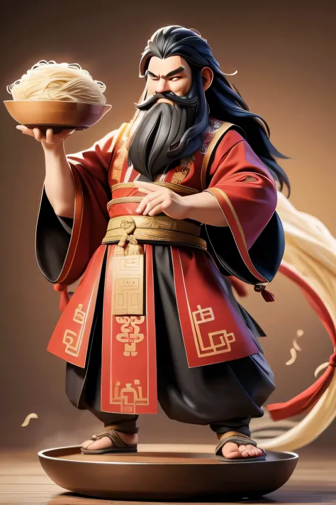 A middle-aged man，With beard and long hair，Wearing traditional Chinese clothing，Holding a big bowl of noodles，Multiple shapes，Fu...