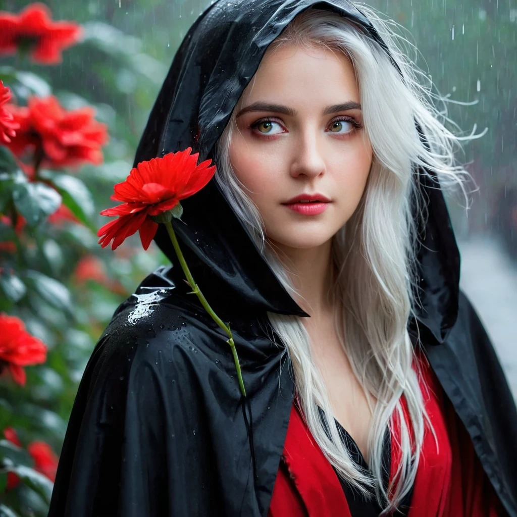 1girl,solo,1girl,solo,((beautiful detailed eyes)), (detailed light),depth of field,(white hair),silver eyes,hair over one eye,(red flower ), hair flower,long hair,black cloak,wet,emotionless,looking back,night,starfall,raining,fog,red flowers falling,sketch,upper body,intense shadows,