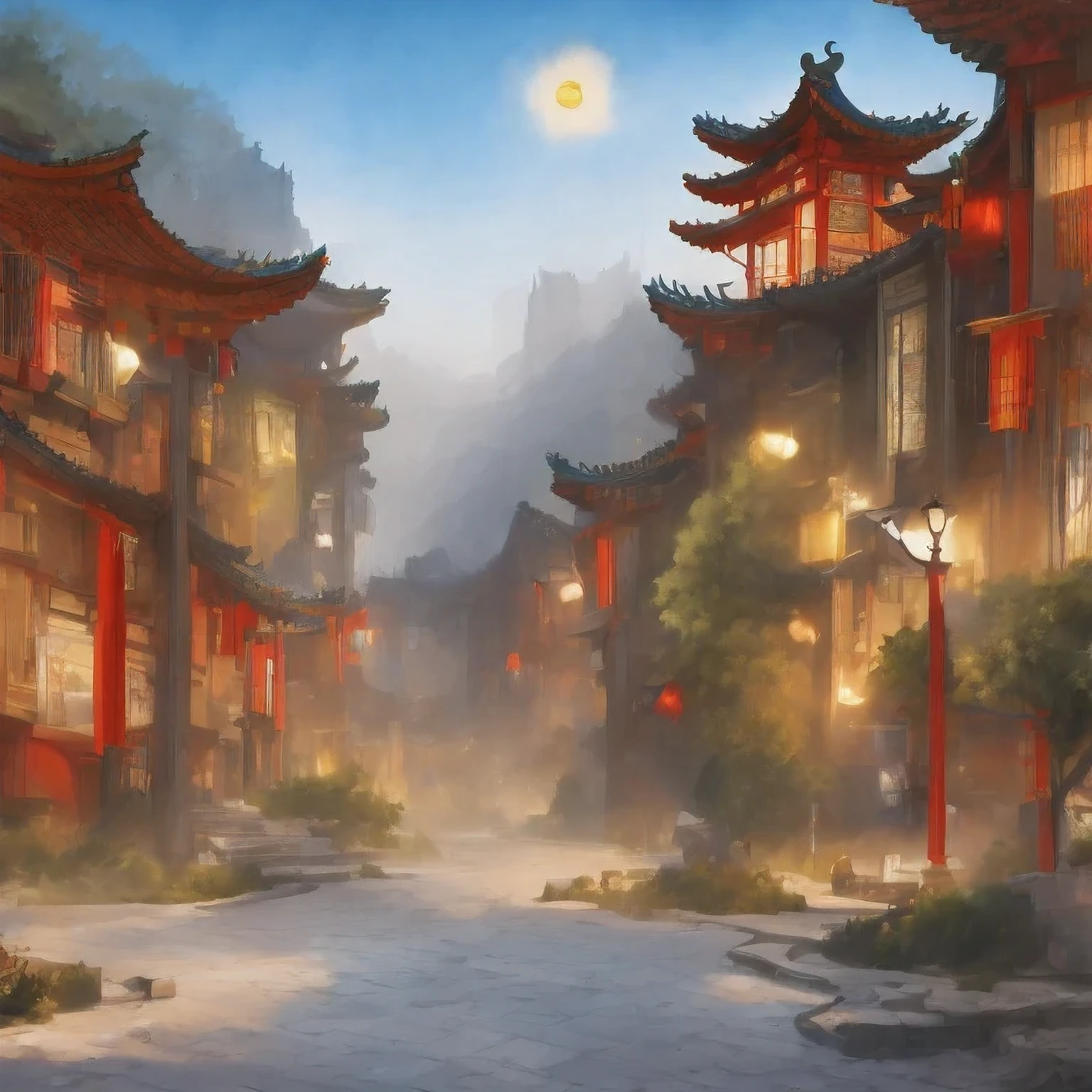 （（（acuarela））））paisaje，edificios en una ciudad con una pagoda en el medio de la ciudad, Castillo antiguo chino Cyberpunk, acuarela，obra de arte estilizada de fantasía urbana, ciudad china de ensueño, Arte conceptual ， altamente renderizado, pintura mate del arte del juego, pintura mate 4k 8k, cinematográfico. by leng jun, en una ciudad tropical y distópica, pintura mate 8k, pintura mate 8k，（（（acuarela）））